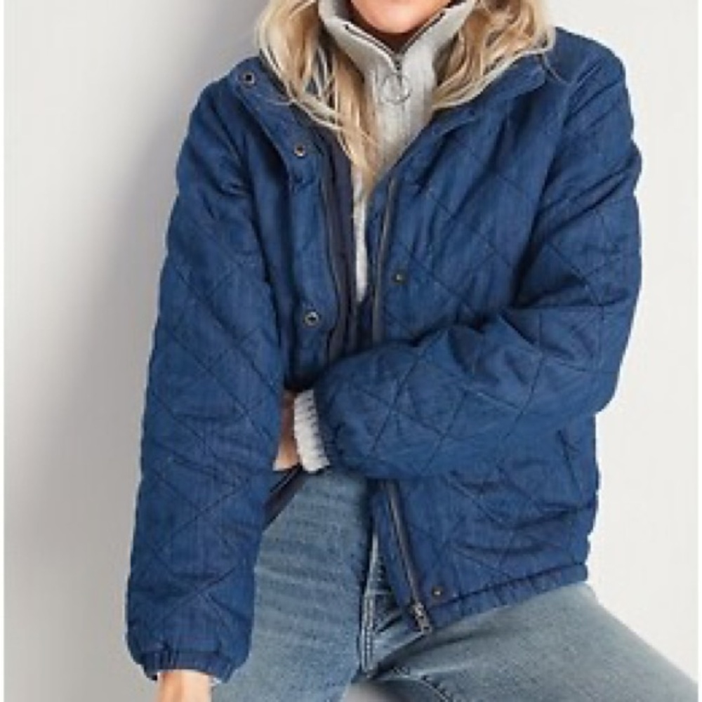 Old Navy Lightweight Diamond Quilted‎ Chambray Puffer Jacket mock neck